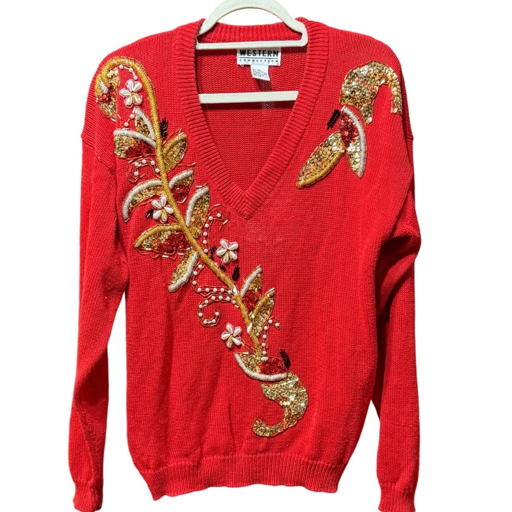 Kitschy Retro Vintage Western Connection Red Sweater Sequin Pearl Embellished S